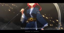 Rule 34 | 1girl, english text, head out of frame, lemonice, letterboxed, light particles, onozuka komachi, red hair, scythe, solo, touhou