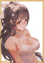 Rule 34 | 1girl, alternate costume, arm across waist, arm support, azur lane, bare arms, black hair, blush, bow, breasts, brown eyes, casual one-piece swimsuit, cleavage, closed mouth, collarbone, covered erect nipples, flower, hair between eyes, hair bow, hair flower, hair ornament, hand on own arm, large breasts, long hair, looking at viewer, one-piece swimsuit, ponytail, sidelocks, solo, swimsuit, takao (azur lane), thighs, very long hair, white bow, white one-piece swimsuit, zakusi