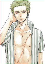 Rule 34 | 1boy, border, earrings, green eyes, green hair, jewelry, looking away, male focus, matching hair/eyes, one piece, open clothes, open shirt, roronoa zoro, sabaody archipelago, scar, shirt, simple background, solo, stitches, striped clothes, striped shirt, vertical stripes, white background