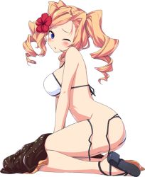 Rule 34 | 1girl, bikini, blonde hair, blue eyes, blush, breasts, drill hair, full body, honolulu (kancolle), kantai collection, large breasts, long hair, official art, one eye closed, parted lips, sandals, solo, swimsuit, transparent background, twin drills, twintails, ugume, white bikini