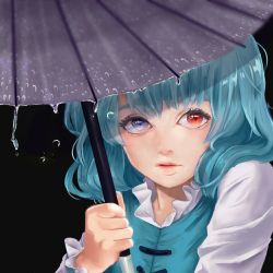Rule 34 | 1girl, black background, blue eyes, blue hair, blue vest, commentary request, eyebrows, eyelashes, heterochromia, holding, holding umbrella, lips, looking at viewer, nose, parted lips, purple umbrella, red eyes, short hair, simple background, solo, tatara kogasa, tmkymg, touhou, umbrella, upper body, vest, water drop
