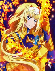 Rule 34 | 1girl, alice zuberg, anastasia gordieieva, armor, artist name, blonde hair, blue eyes, breastplate, chromatic aberration, closed mouth, commentary, commentary request, english commentary, gauntlets, glowing, gold armor, headpiece, highres, holding, holding sword, holding weapon, long hair, looking at viewer, pauldrons, shoulder armor, solo, sword, sword art online, sword art online: alicization, weapon