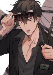 Rule 34 | 1boy, @acchom zatta, black eyes, black hair, black jacket, black shirt, candy, collarbone, collared shirt, cross, eyewear lift, food, hand up, highres, holding, jacket, lollipop, long sleeves, looking at viewer, male focus, nicholas d. wolfwood, open mouth, partially unbuttoned, shirt, short hair, smile, solo, sunglasses, trigun, trigun stampede, upper body, white background