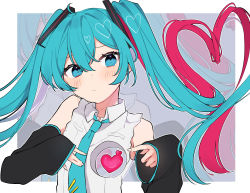 Rule 34 | 1girl, bare shoulders, blue eyes, blue hair, blue necktie, border, collared shirt, detached sleeves, dot nose, earrings, eyelashes, facing viewer, fingernails, flat chest, frown, furrowed brow, hair between eyes, hands up, hatsune miku, heart, heart hair, heart in eye, highres, hole, hole in chest, hole on body, jewelry, light blush, long hair, looking to the side, necktie, pink hair, pout, shirt, sleeveless, sleeveless shirt, sleeves past wrists, solo, surreal, symbol in eye, tareme, tie clip, twintails, tyazakura sayu, upper body, very long hair, vocaloid, white border, white shirt