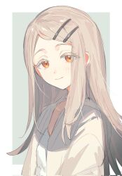 1girl blonde_hair blush border colored_eyelashes fua1heyvot4ifsr gakuen_idolmaster highres idolmaster light_smile long_hair looking_at_viewer orange_eyes robe shinosawa_hiro simple_background solo upper_body very_long_hair white_border white_robe