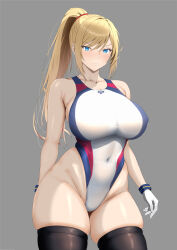 Rule 34 | 1girl, absurdres, black thighhighs, blonde hair, blue eyes, blush, breasts, collarbone, competition swimsuit, covered erect nipples, covered navel, cowboy shot, gloves, grey background, highres, large breasts, long hair, looking at viewer, metroid, nintendo, one-piece swimsuit, ponytail, ranhatu, samus aran, sidelocks, simple background, skindentation, smile, solo, standing, swimsuit, thighhighs, white gloves, white one-piece swimsuit