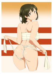Rule 34 | 10s, 1girl, akitetsu, ass, bad id, bad twitter id, bandages, breasts, brown eyes, brown hair, cropped legs, fundoshi, highres, hiryuu (kancolle), japanese clothes, kantai collection, large breasts, looking at viewer, one side up, sarashi, short hair, side ponytail, skindentation, solo