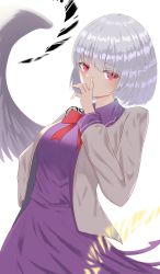 Rule 34 | 1girl, absurdres, anima miko, bow, breasts, dress, eyes visible through hair, hair between eyes, hand on own hip, hand up, highres, jacket, kishin sagume, light, long sleeves, looking at viewer, medium breasts, no headwear, pink eyes, purple dress, purple sleeves, red bow, red neckwear, shadow, short hair, silver hair, simple background, single wing, solo, touhou, white background, white jacket, white sleeves, wings