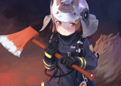 Rule 34 | 1girl, arknights, axe, badge, black gloves, blue jacket, blush, brown eyes, brown hair, commentary request, embers, firefighter jacket, gloves, helmet, holding, holding axe, holding weapon, jacket, long sleeves, looking at viewer, partial commentary, roke (taikodon), shaw (arknights), short hair, solo, tail, upper body, weapon