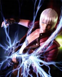Rule 34 | 1boy, blue eyes, coat, dante (devil may cry), devil may cry, devil may cry (series), devil may cry 3, electric guitar, electricity, fingerless gloves, gloves, guitar, highres, instrument, looking at viewer, male focus, music, nevan (weapon), official art, playing instrument, red coat, solo, white hair