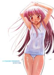 Rule 34 | 1girl, armpits, blush, brown eyes, flat chest, long hair, one-piece swimsuit, red hair, sasayuki, school swimsuit, solo, surprised, swimsuit, wet, white school swimsuit, white one-piece swimsuit