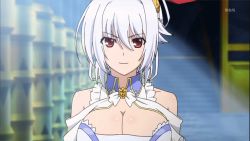 Rule 34 | 10s, 1girl, animated, animated gif, bare shoulders, bouncing breasts, breasts, cleavage, cleavage cutout, clothing cutout, dress, eleonora viltaria, large breasts, madan no ou to vanadis, red eyes, silver hair, smile, solo