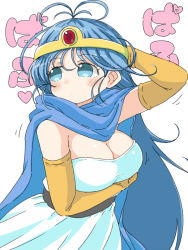 Rule 34 | 1girl, blue eyes, blue hair, blush, breasts, cape, capelet, circlet, cleavage, cloak, closed mouth, commentary request, dragon quest, dragon quest iii, dress, elbow gloves, gloves, large breasts, long hair, naitou kouse, sage (dq3), simple background, solo, white background, yellow gloves