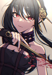 Rule 34 | 1girl, absurdres, bag, black hair, blood, bloody weapon, bow, breasts, cleavage, closed mouth, collarbone, copyright name, earrings, floating hair, grey background, hair between eyes, hair bow, hairband, highres, holding, holding weapon, jewelry, kakuzatou (cubesugar03196), looking at viewer, medium breasts, nail polish, red eyes, red lips, red nails, short hair with long locks, sidelocks, solo, spy x family, upper body, weapon, yellow bow, yellow hairband, yor briar