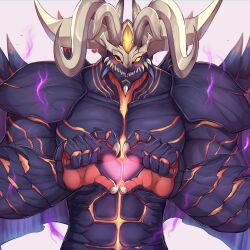 Rule 34 | 1boy, aura, bara, blush, claws, dark aura, demon, demon boy, demon horns, demon wings, evomanaphy, fangs, fire emblem, fire emblem: the sacred stones, fire emblem heroes, fomortiis (fire emblem), heart, heart hands, highres, horns, looking at viewer, male focus, nintendo, one eye closed, solo, white background, wings, yellow eyes