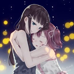 Rule 34 | 10s, 2016, 2girls, artist name, bad id, bad pixiv id, bare shoulders, black hair, blue background, closed eyes, commentary request, dated, gradient background, green eyes, hair tie, hug, kurosawa dia, kurosawa ruby, long hair, love live!, love live! sunshine!!, mole, mole under mouth, multiple girls, night, red hair, shirt, siblings, sisters, sleeveless, sleeveless shirt, smile, tears, tomiwo, two side up