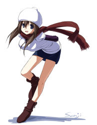 Rule 34 | 1girl, arms behind back, beanie, bent over, blue eyes, breasts, brown hair, hat, large breasts, legs, looking at viewer, open mouth, original, scarf, senji (artist), senji (tegone spike), simple background, skirt, solo