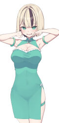 1girl absurdres armlet armpits black_hair blonde_hair blush breasts china_dress chinese_clothes cleavage covered_navel dress green_dress green_eyes hair_intakes hands_on_own_cheeks hands_on_own_face highres jewelry kurumi_noah large_breasts looking_at_viewer multicolored_hair nonoro_(potato461) open_mouth short_hair side_slit simple_background skindentation smile solo streaked_hair thigh_strap virtual_youtuber vspo! white_background