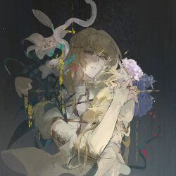 Rule 34 | 1boy, androgynous, black background, blonde hair, blue eyes, braid, bridal gauntlets, choppy bangs, earrings, flower, hair over shoulder, hand on own shoulder, highres, jacket, jewelry, juliet sleeves, lily (flower), long hair, long sleeves, looking at viewer, lucas proust, male focus, parted lips, puffy sleeves, shuuen no virche, sideways glance, single braid, sitting, snake, solo, upper body, white bridal gauntlets, white flower, white jacket, white lily, white snake, wide sleeves, xixun