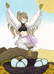 Rule 34 | absurdres, breasts, brown hair, claws, closed eyes, desert, eepyrabbit, stomach, flying, full body, hair ribbon, harpy, highres, jewelry, love live!, love live! school idol project, medium breasts, minami kotori, monster girl, necklace, nest, pointy ears, ribbon, smile, transformation, wings