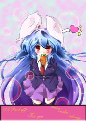 Rule 34 | 1girl, animal ears, bad id, bad pixiv id, blazer, blue hair, bochi, carrot, female focus, heart, jacket, long hair, mouth hold, necktie, pleated skirt, rabbit ears, red eyes, red necktie, reisen udongein inaba, skirt, solo, thighhighs, touhou, very long hair, zico