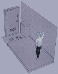 Rule 34 | 1boy, black pants, cabinet, chainsaw man, denji (chainsaw man), dollhouse view, door, grey background, hand in own hair, hand on own head, kanitumuri, looking away, pants, scratching head, shoes, short hair, short sleeves, simple background, solo, standing