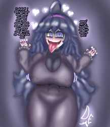 Rule 34 | 1girl, absurdres, blue eyes, blush, breasts, covered erect nipples, creatures (company), cropped legs, darkechiiarts, dress, female focus, game freak, goth fashion, hairband, heart, hex maniac (pokemon), highres, huge breasts, inverted nipples, large breasts, long hair, looking at viewer, mature female, nail polish, nintendo, plump, pokemon, pokemon xy, purple background, purple hair, smile, solo, standing, thick thighs, thighs, tongue, tongue out, very long hair, wide hips