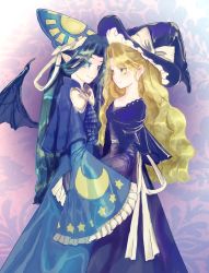 Rule 34 | 2girls, absurdres, bat wings, blonde hair, blue dress, bow, dress, earrings, frilled dress, frills, green eyes, green hair, hand on another&#039;s hip, hat, hat bow, highres, jewelry, kirisame marisa, long hair, looking at another, mima (touhou), monet, multiple girls, pointy ears, touhou, touhou (pc-98), wings, witch hat, wizard hat, yuri