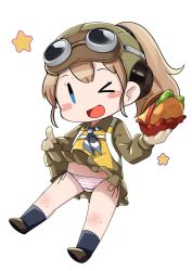 Rule 34 | &gt; o, 1girl, aviator cap, black footwear, blue eyes, blue neckwear, blush stickers, brown hair, burger, clothes lift, fairy (kancolle), food, gloves, goggles, goggles on headwear, green skirt, hat, highres, holding, holding food, intrepid (kancolle), kantai collection, lifting own clothes, long hair, long sleeves, nassukun, one eye closed, open mouth, panties, ponytail, side-tie panties, simple background, skirt, skirt lift, socks, solo, striped clothes, striped panties, underwear, white background