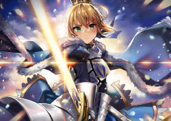 Rule 34 | 1girl, armor, armored dress, artoria pendragon (all), artoria pendragon (fate), bad id, bad pixiv id, blonde hair, blue cape, blue dress, blue ribbon, blush, cape, crown, dress, excalibur (fate/stay night), fate/stay night, fate (series), floating hair, fur trim, gauntlets, green eyes, hair between eyes, hair ribbon, holding, holding sword, holding weapon, looking at viewer, moze, ribbon, saber (fate), short hair, solo, standing, sword, weapon