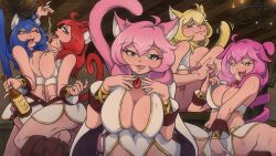 Rule 34 | animal ears, blonde hair, blue hair, breasts, cait (corruption of champions), cat ears, cat tail, clone harem, corruption of champions 2, drunk, highres, large breasts, legendsnjk, miniskirt, multiple girls, panties, party, pink hair, pouring, pouring onto self, presenting, purple hair, red hair, skirt, tail, underwear, undressing