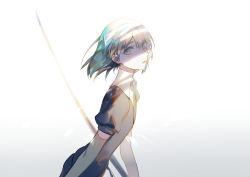 Rule 34 | 1other, absurdres, androgynous, aqua hair, black necktie, crystal hair, ctrl (821642), diamond (houseki no kuni), elbow gloves, eyelashes, eyes in shadow, flat chest, gem uniform (houseki no kuni), glance, gloves, highres, houseki no kuni, looking at viewer, looking to the side, medium hair, necktie, other focus, parted lips, simple background, solo, sword, upper body, weapon, white background