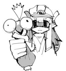 Rule 34 | 1girl, bulging eyes, clenched hand, closed mouth, constricted pupils, cropped torso, female focus, gao (kohozuna), greyscale, headlamp, helmet, inkling, inkling girl, inkling player character, long hair, looking at viewer, mohawk, monochrome, nintendo, open mouth, outstretched arm, pointy ears, salmon run (splatoon), short hair, sidelocks, simple background, sketch, smallfry (splatoon), splatoon (series), splatoon 3, squeezing, upper body, white background