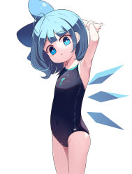 Rule 34 | 1girl, :&lt;, armpits, arms behind back, bare arms, blue bow, blue eyes, blue hair, bow, bright pupils, cirno, covered navel, cowboy shot, female focus, flat chest, hair bow, head tilt, highres, ice, ice wings, light blue hair, looking at viewer, one-piece swimsuit, open mouth, short hair, simple background, solo, sseopik, standing, stretching, swimsuit, touhou, white background, wings