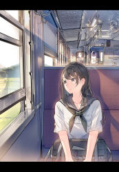 Rule 34 | 1girl, bag, black eyes, black hair, closed mouth, daito, day, field, hair ornament, hairclip, highres, letterboxed, long hair, looking to the side, original, reflection, school uniform, serafuku, sitting, solo, train interior, window