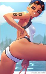 Rule 34 | 1girl, absurdres, artist name, ass, cloud, competition swimsuit, dark-skinned female, dark skin, day, ear piercing, goggles, goggles on head, grin, half-closed eyes, hand on own hip, highres, leaning forward, one-piece swimsuit, original, piercing, pink eyes, pudgeruffian, riley fairfeather, short hair, shoulder tattoo, smile, solo, swimsuit, tattoo, teeth, tomboy, tree, v, white one-piece swimsuit