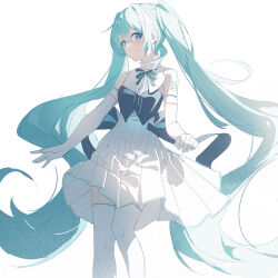 Rule 34 | 1girl, absurdres, aqua eyes, aqua hair, blush, breasts, chinese commentary, closed mouth, commentary, dress, elbow gloves, feet out of frame, floating hair, gloves, hair between eyes, hatsune miku, high collar, highres, long hair, looking at viewer, miku symphony (vocaloid), neck ribbon, number tattoo, pleated dress, qtian, ribbon, shadow, sidelocks, sleeveless, sleeveless dress, small breasts, solo, tattoo, thighhighs, twintails, very long hair, vocaloid, white dress, white gloves, white sleeves, white thighhighs