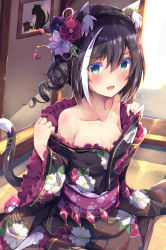 Rule 34 | 1girl, animal ear fluff, animal ears, bare shoulders, black hair, black kimono, blush, braid, cat ears, cat girl, cat tail, collarbone, commentary request, crown braid, fang, floral print, frilled kimono, frills, green eyes, hair between eyes, hair bun, highres, hinata yuu (atelierhinata), indoors, japanese clothes, karyl (new year) (princess connect!), karyl (princess connect!), kimono, long sleeves, multicolored hair, no shoes, obi, off shoulder, open mouth, princess connect!, print kimono, sash, single hair bun, sitting, solo, streaked hair, tabi, tail, wariza, white hair, white legwear, wide sleeves