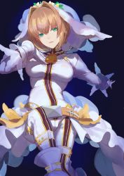Rule 34 | 10s, 1girl, absurdres, ankle cuffs, bad id, bad pixiv id, belt, belt buckle, belt skirt, black background, blonde hair, blue background, bodysuit, breasts, bridal veil, brown hair, buckle, chain, chain necklace, fate/extra, fate/extra ccc, fate (series), flower, flower wreath, full-length zipper, gloves, gradient background, green eyes, hair between eyes, hair flower, hair intakes, hair ornament, hand on own chest, head tilt, head wreath, highres, jewelry, legs together, lock, looking at viewer, medium breasts, necklace, nero claudius (bride) (fate), nero claudius (fate), nero claudius (fate) (all), nero claudius (fate/extra), outstretched arm, padlock, parted lips, red cucumber, short hair with long locks, showgirl skirt, sidelocks, skin tight, skirt, solo, thigh strap, turtleneck, veil, white flower, white gloves, white skirt, wrist cuffs, zipper, zupper