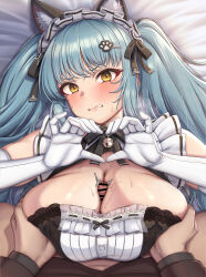 Rule 34 | 1boy, 1girl, absurdres, animal ears, bar censor, bell, blue hair, blush, boy on top, breasts, cat ears, censored, clenched teeth, gloves, goddess of victory: nikke, hair ornament, hairband, heart, heart hands, hetero, highres, jingle bell, large breasts, maid, momo no sukebe, neck bell, paizuri, paizuri under clothes, penis, pov, pov crotch, privaty (nikke), privaty (unkind maid) (nikke), solo focus, straddling paizuri, teeth, twintails, white gloves, yellow eyes