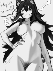 Rule 34 | animal ears, black hair, breasts, cat ears, cat girl, collarbone, distr, english text, facial scar, from below, grey background, hand on own hip, highres, large breasts, long hair, looking at viewer, messy hair, monochrome, navel, nude, original, scar, scar on arm, scar on cheek, scar on face, scar on hip, scar on stomach, speech bubble, tomboy, very long hair