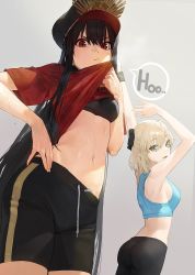 Rule 34 | 2girls, ahoge, ass, bare shoulders, black bow, black hair, black headwear, black pants, black shorts, blonde hair, blush, bow, breasts, closed mouth, clothes lift, crest, family crest, fate/grand order, fate (series), grey background, hair between eyes, hair bow, half updo, hat, highres, koha-ace, lifting own clothes, long hair, looking at viewer, medium breasts, military hat, modare, multiple girls, navel, oda nobunaga (fate), oda nobunaga (koha-ace), oda uri, okita souji (fate), okita souji (koha-ace), open mouth, pants, peaked cap, red eyes, red shirt, shirt, shirt lift, short hair, short sleeves, shorts, small breasts, smile, sports bra, t-shirt, very long hair, yellow eyes, yoga pants