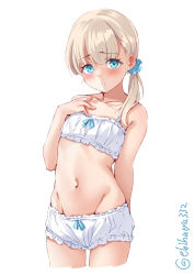 Rule 34 | 1girl, blonde hair, blue eyes, blue scrunchie, blush, collarbone, cropped legs, ebifurya, groin, highres, kantai collection, long hair, navel, one-hour drawing challenge, parted lips, scrunchie, shin&#039;you (kancolle), simple background, solo, twitter username, underwear, underwear only, white background