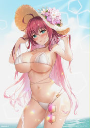 Rule 34 | 1girl, :p, ahoge, azur lane, bad id, bad pixiv id, bikini, blush, breasts, chanel, cleavage, flower, green eyes, hair between eyes, hat, highres, large breasts, long hair, looking at viewer, melo (meromero), multiple straps, navel, outdoors, red hair, solo, standing, straw hat, sun hat, sunglasses, sunglasses removed, surcouf (azur lane), surcouf (loisirs balneaires) (azur lane), swimsuit, tongue, tongue out, twitter username, very long hair, wet, white bikini