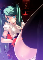 Rule 34 | 1girl, absurdres, bad id, bad pixiv id, finger to mouth, green eyes, green hair, hatsune miku, highres, long hair, looking at viewer, matching hair/eyes, mikoto (mio), panties, pantyshot, sitting, skirt, smile, solo, thighhighs, thighs, twintails, underwear, upskirt, very long hair, vocaloid, world is mine (vocaloid)