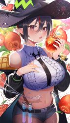 Rule 34 | 1girl, :o, absurdres, amahara subaru, apple, bare shoulders, black hair, black hat, black jacket, black shorts, blue nails, blush, breasts, brown pantyhose, collared shirt, commentary request, cowboy shot, crop top, eating, fang, food, frilled shirt, frills, fruit, fruit background, hair between eyes, hand on own chest, hands up, hat, highres, holding, holding food, holding fruit, indie virtual youtuber, isonade orca, jacket, large breasts, long sleeves, looking at viewer, micro shorts, multicolored hair, nail polish, navel, off shoulder, open clothes, open jacket, pantyhose, pointy ears, puffy long sleeves, puffy sleeves, red eyes, red hair, shirt, short hair, shorts, sidelocks, skin fang, solo, standing, stomach, streaked hair, test tube, virtual youtuber, white shirt, witch hat