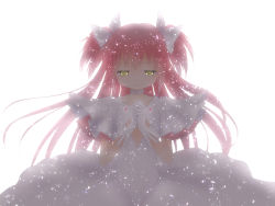 Rule 34 | 10s, 1girl, bad id, bad pixiv id, bow, choker, dress, estel, gloves, hair bow, highres, kaname madoka, long hair, magical girl, mahou shoujo madoka magica, mahou shoujo madoka magica (anime), own hands clasped, own hands together, pink hair, q-v (levia), smile, solo, spoilers, twintails, two side up, ultimate madoka, white background, white dress, yellow eyes