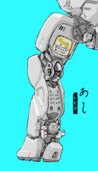 absurdres blue_background english_text feet highres legs mecha nakasu_e no_humans original robot simple_background