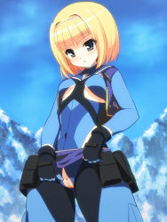 Rule 34 | 10s, 1girl, blonde hair, blue eyes, blush, bodysuit, breasts, cleft of venus, crotchless, heavy object, milinda brantini, motonaga hiroya, pilot suit, pussy, short hair, small breasts, solo, uncensored