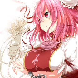Rule 34 | 1girl, bandages, bandaged arm, breast hold, breasts, bun cover, chain, closed mouth, commentary request, cuffs, double bun, flower, frown, hair between eyes, hair ribbon, highres, ibaraki kasen, large breasts, pink hair, pink rose, red eyes, red ribbon, ribbon, rose, simple background, solo, tabard, touhou, upper body, watarui, white background